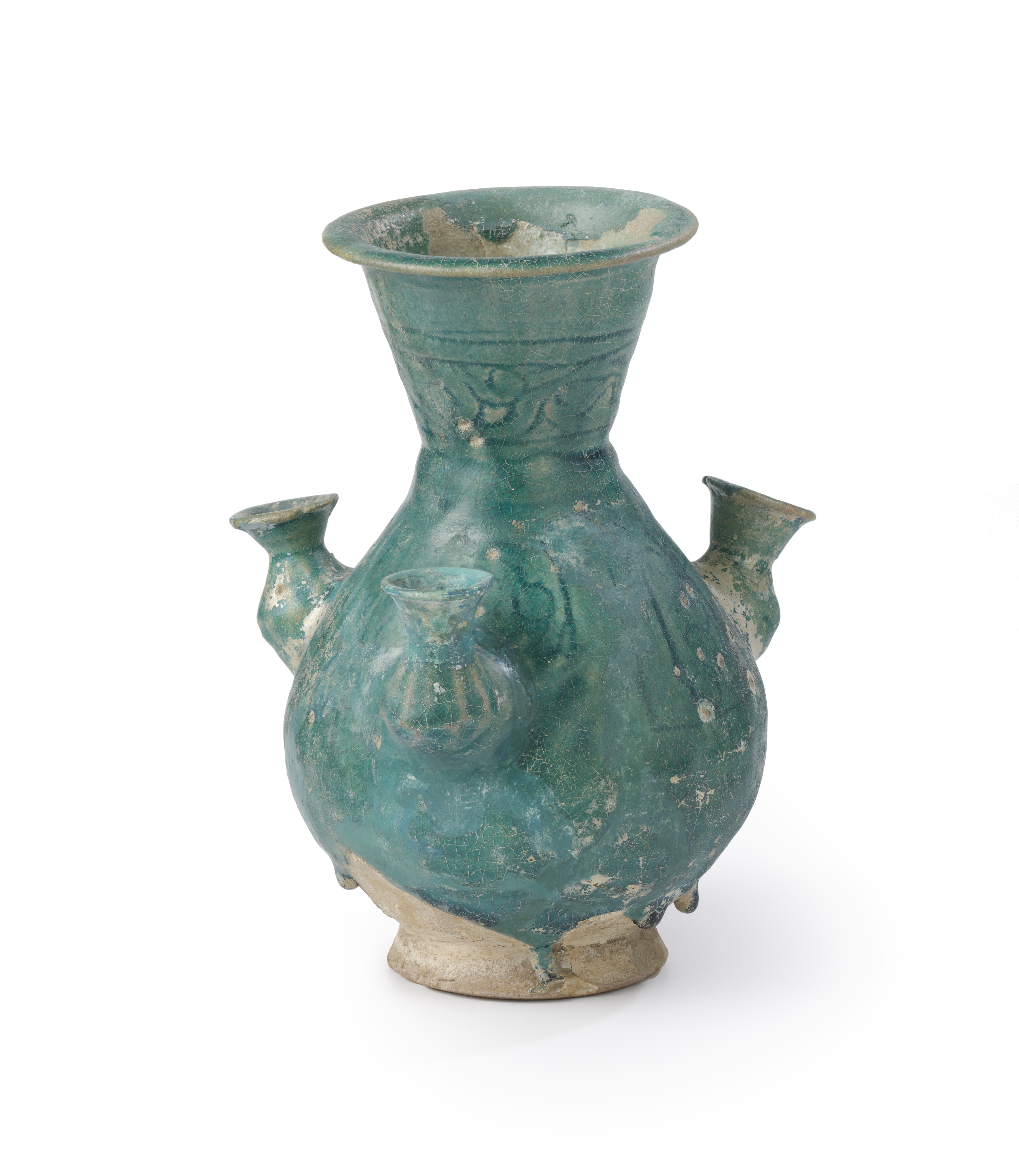 Bloemenhouder met turkoois glazuur, 1100-1200, Iran, kiezelaardewerk, Kunstmuseum Den Haag, 0405119