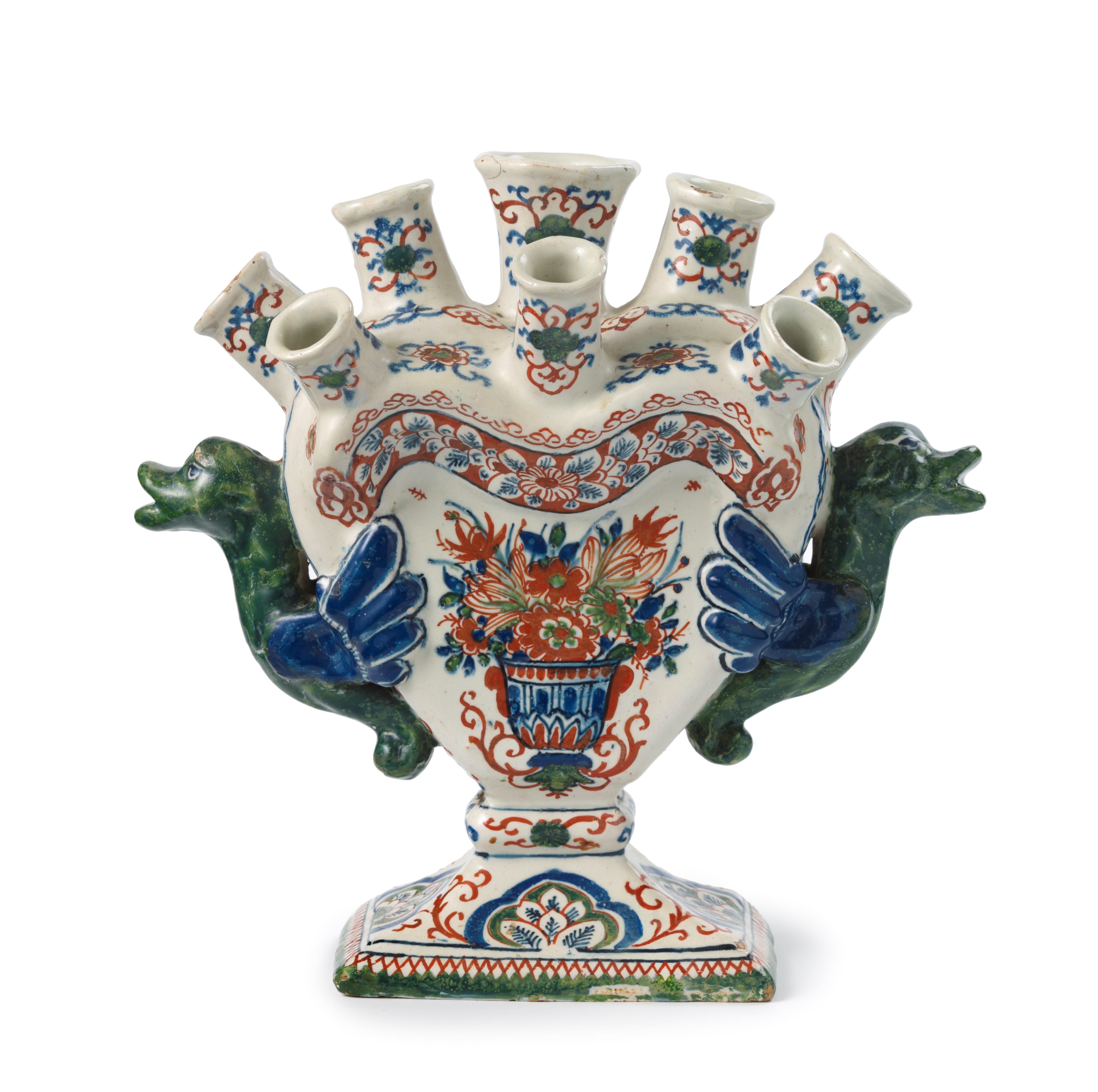 Waaiervormige bloemenhouder met decor van vaas met bloemen, 1700-1724, Delft, tinglazuuraardewerk, Kunstmuseum Den Haag (Lavino Collectie), 1059410