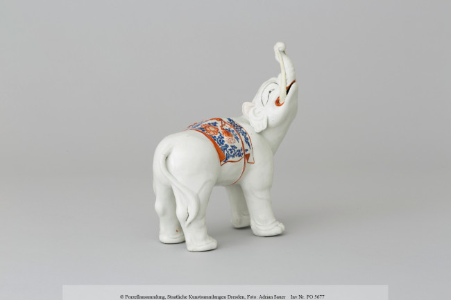 6. Kakiemon-style elephant, Japan, Edo period, (1603 - 1868), 1680 - 1700, h. 29.2 cm, l. 28.3 cm, w. 11.8 cm, porcelain, overglaze colours, Porzellansammlung, Staatliche Kunstsammlungen Dresden, PO 5677. ©Porzellansammlung, Staatliche Kunstsammlungen Dresden, photo: Adrian Sauer.